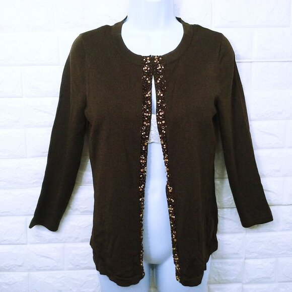 Vintage Y2K Jones New York Open-Front Cardigan Fine Knit Sweater -S(4) Beaded - Picture 2 of 10